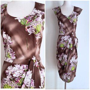 EUC Samantha Sung Hand Drawn Floral Tulip Wrap Cotton Cocktail Sheath Dress 2